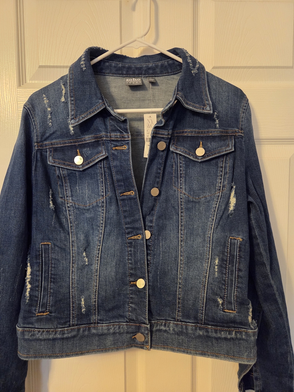 New York & Company Blue Distressed Denim Jacket with Metal Buttons
